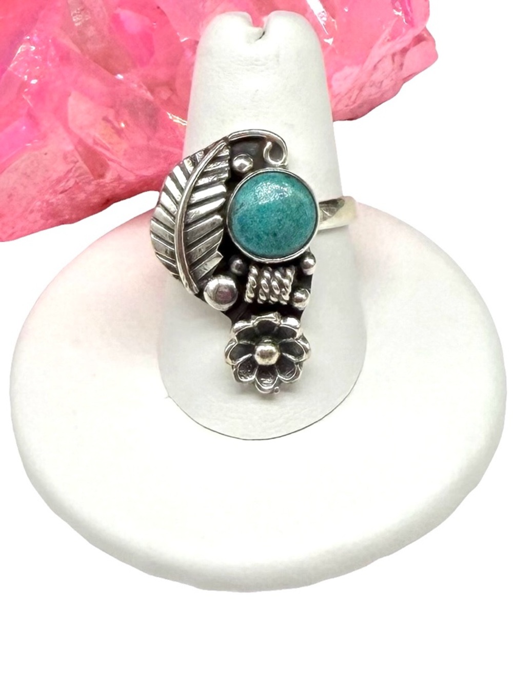 Arizona Mohave Turquoise Ring Size 9 Solid 925 Sterling Silver Flower Leaf